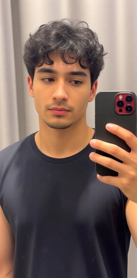 The image shows a person taking a selfie in front of a mirror. The individual is wearing a sleeveless,  dark-colored shirt...