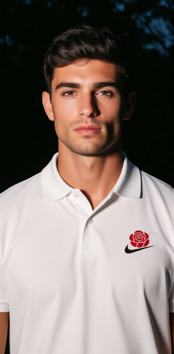 The image shows a person wearing a white polo shirt with a logo of a red rose on the left side of the chest. The logo is a...