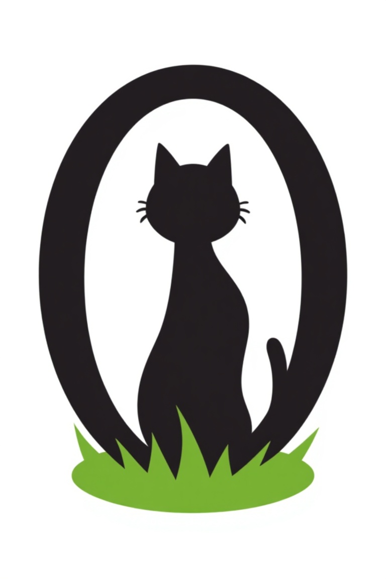 A bold letter O formed by the silhouette of a cat,  solid black shape,  standing on soft green grass on Tensor.Art