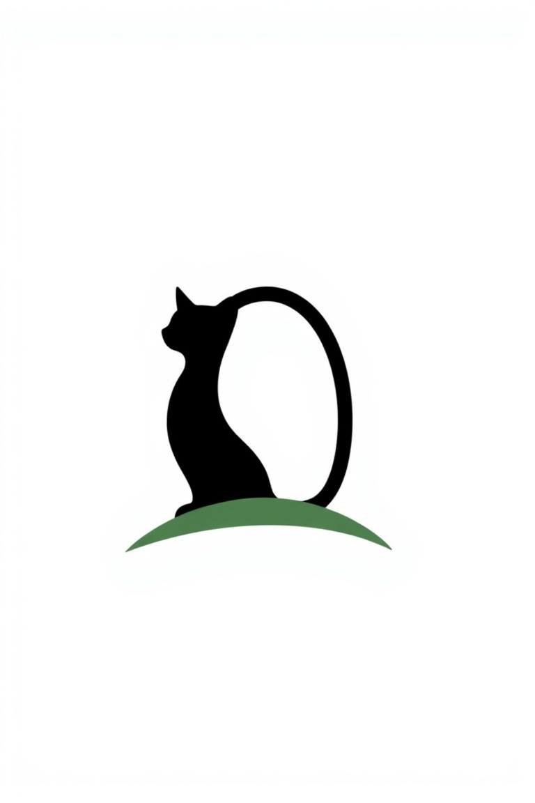 A bold letter O formed by the silhouette of a cat,  solid black shape,  standing on soft green grass on Tensor.Art