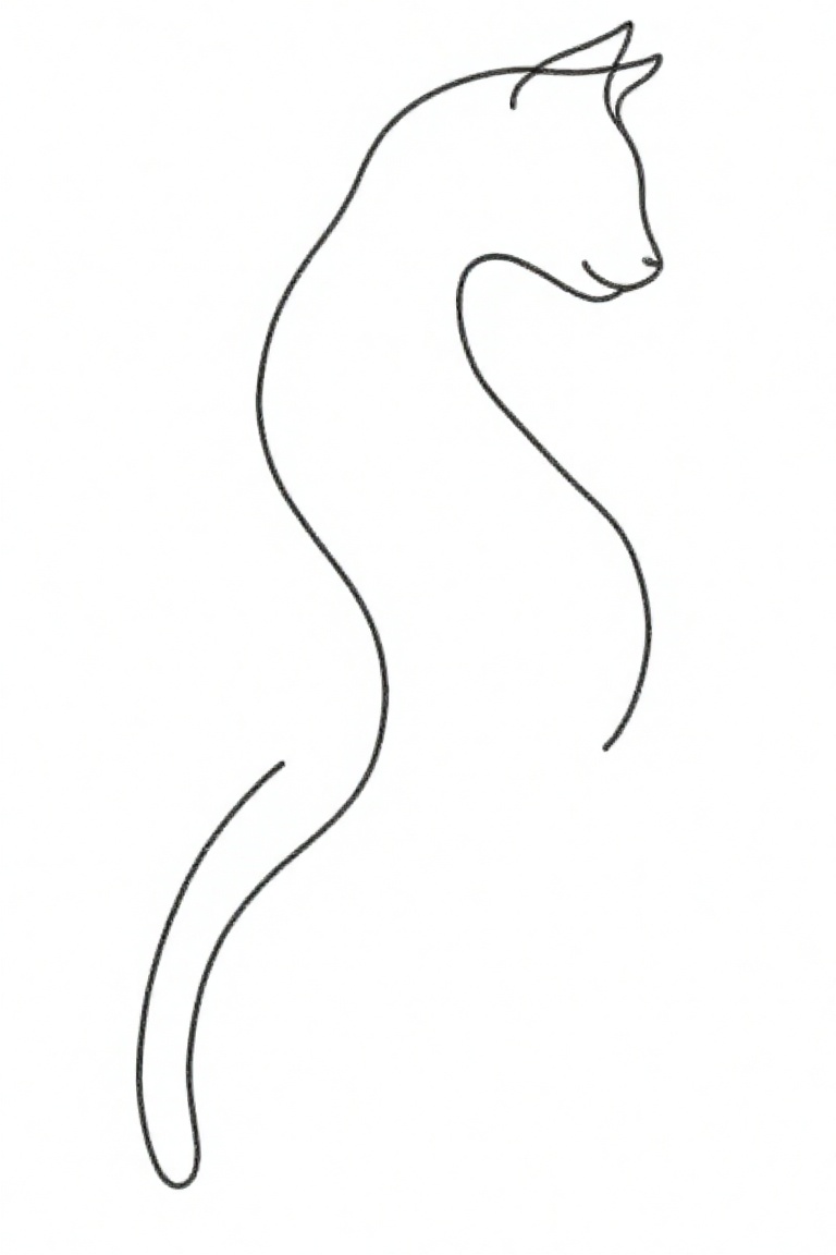 A linear graphic image of a feline silhouette is made on a white background using graphite of intense black color. The dra...