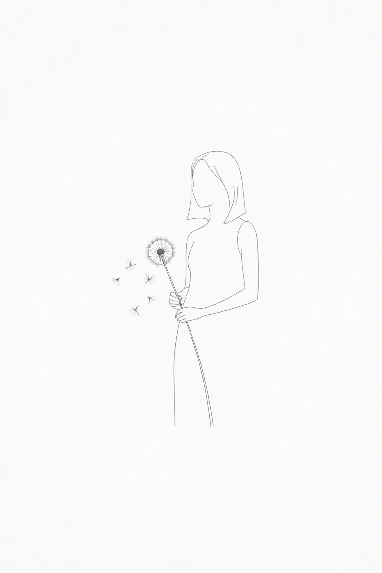 Minimalist doodle-style monochrome portrait of a young woman from the waist up,  drawn with clean pencil sketch lines and...