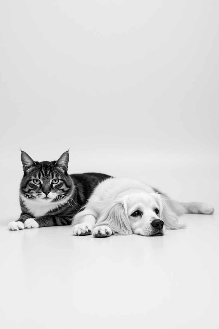 The image shows a black-and-white photograph of a cat and a dog lying down on a smooth,  light-colored surface. The cat,...