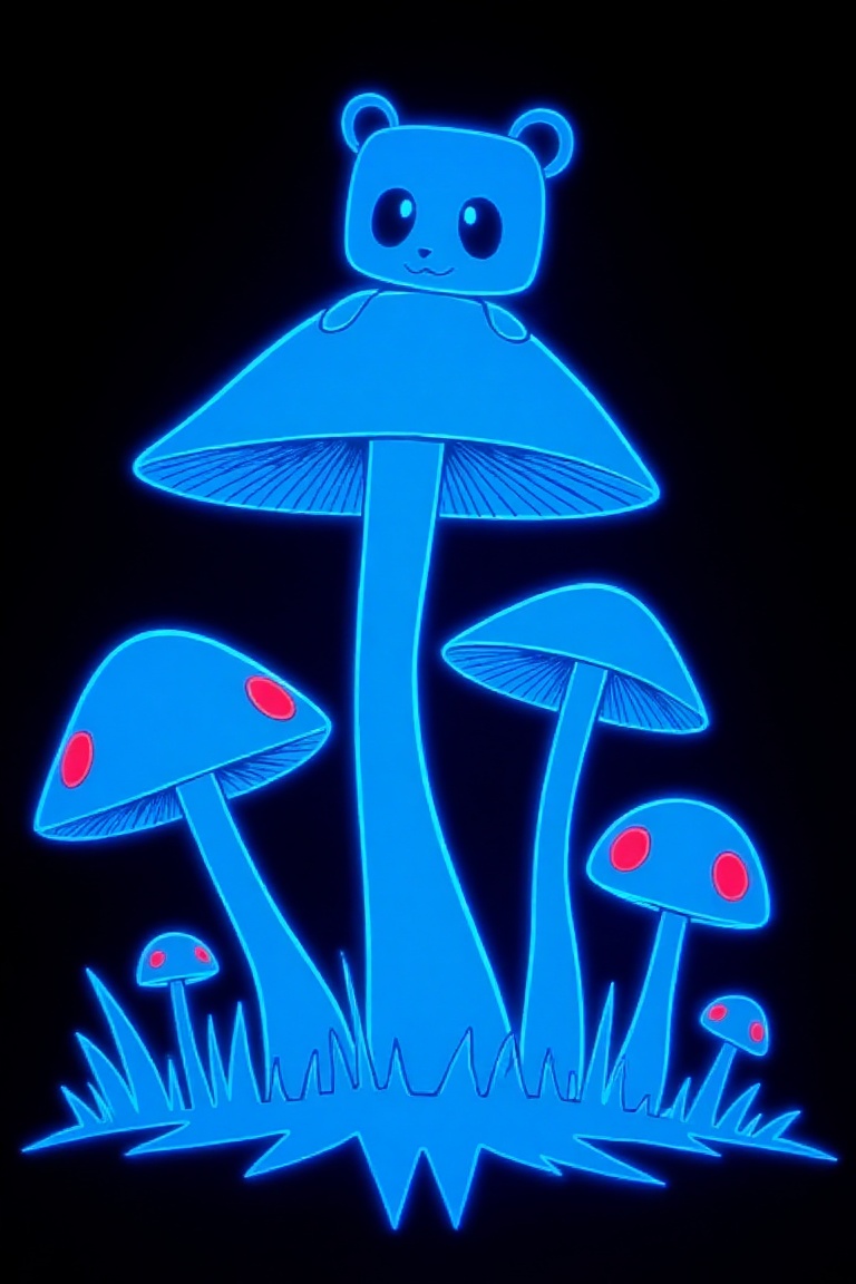 The picture shows a group of anthropomorphic glowing blue mushrooms surrounded by four small round robot-like creatures wi...
