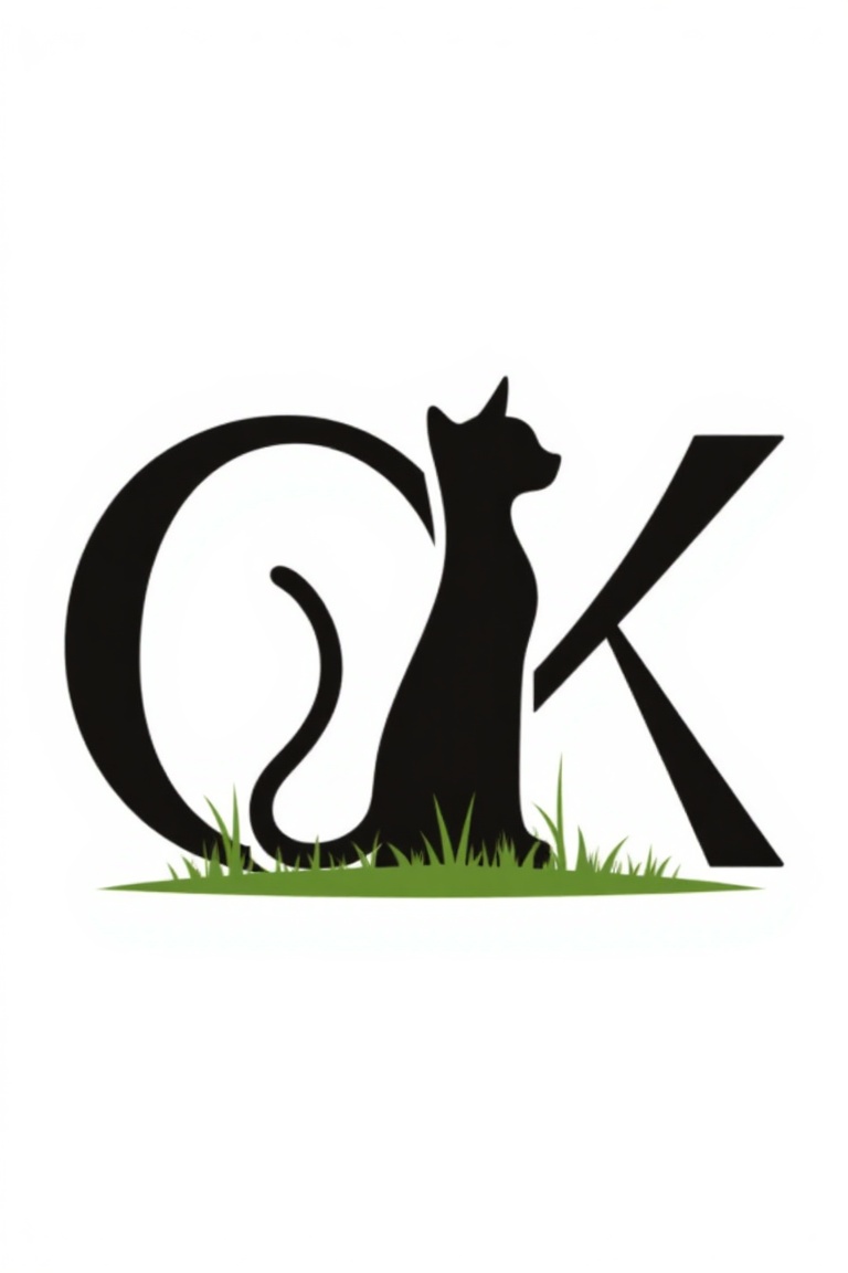 A bold letter "OK" formed by the silhouette of a cat,  solid black shape,  standing on soft green grass on Tensor.Art