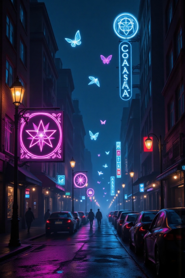 In the thick haze of the night city,  symbols danced like ghostly moths,  attracted by the flickering light of neon signs....