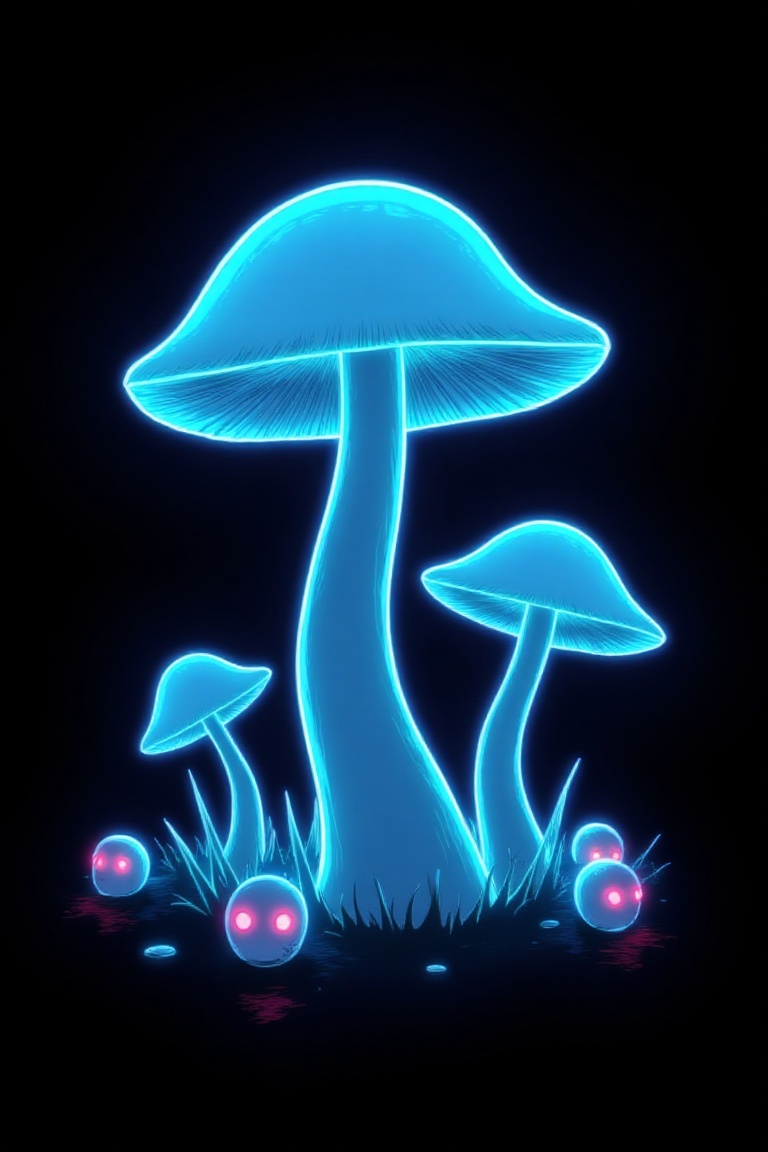 The image depicts a group of anthropomorphic,  glowing blue mushrooms surrounded by four small,  round on Tensor.Art