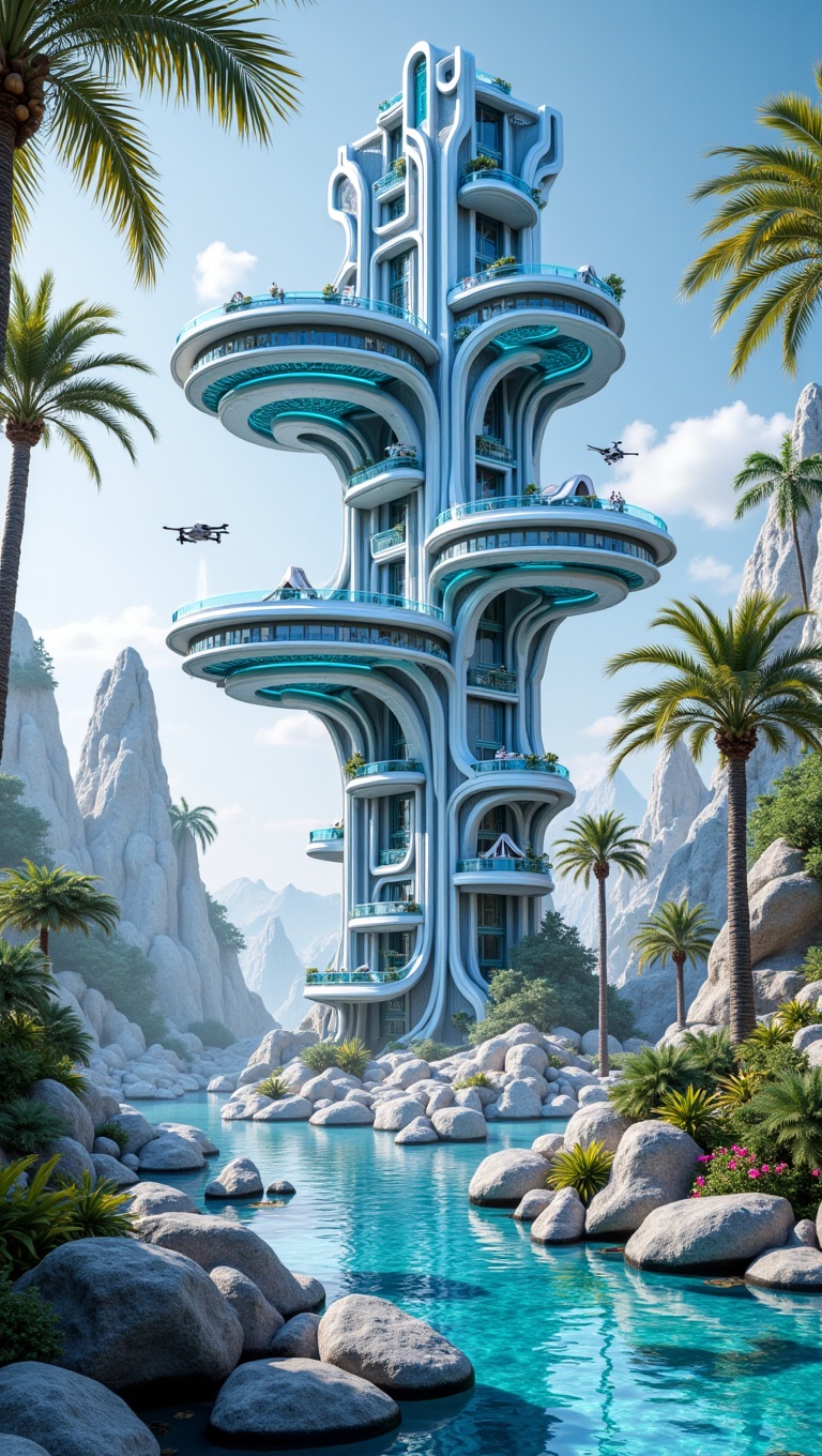Conjunto de plataformas flotantes interconectadas por raíces bioluminiscentes debajo de ellas,  edificios modulares con su...