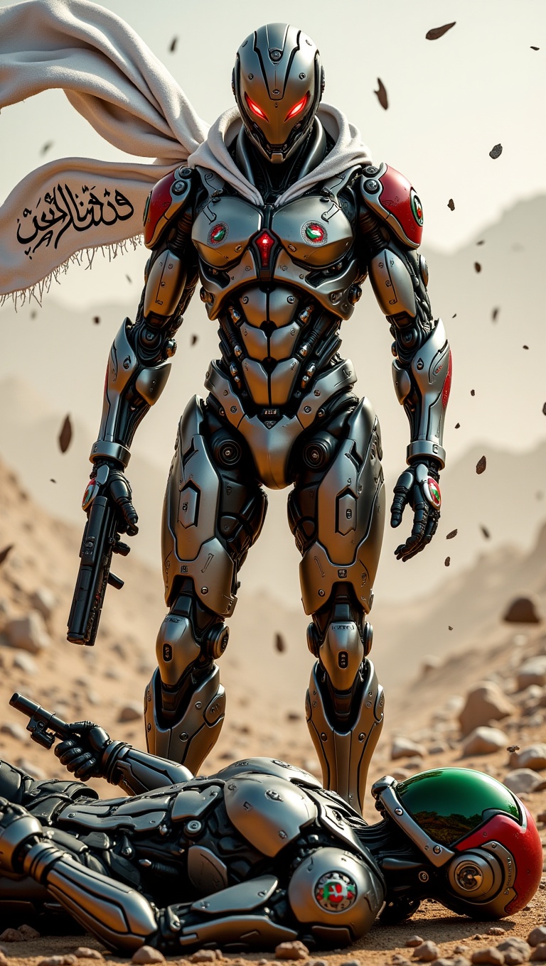 In a post-apocalyptic battlefield of swirling ash and shattered steel,  a cybernetic warrior in sleek,  battle-worn armor...