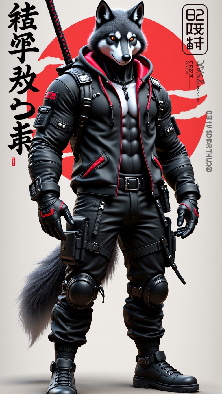 Create a highly detailed,  muscular anthropomorphic wolf character,  dressed in a cyberpunk-inspired tactical outfit. The...