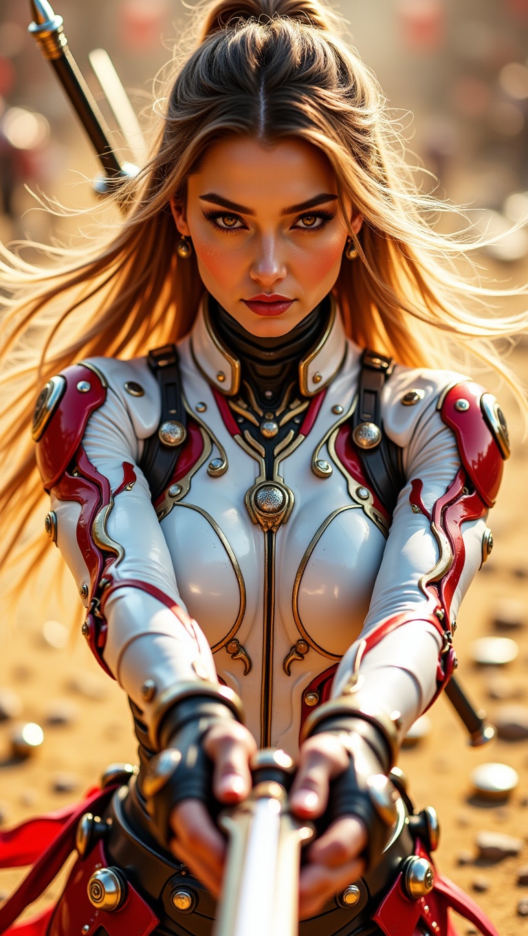 "A close-up view of a futuristic samurai warrior in a dynamic,  combat-ready pose,  wielding glowing katana swords that ra...
