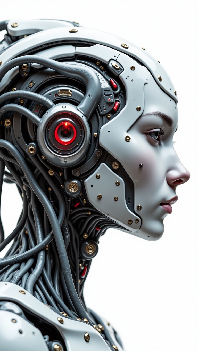 A hyperrealistic,  extreme close-up portrait of a sophisticated humanoid cyborg's head,  angled slightly to the side. The...