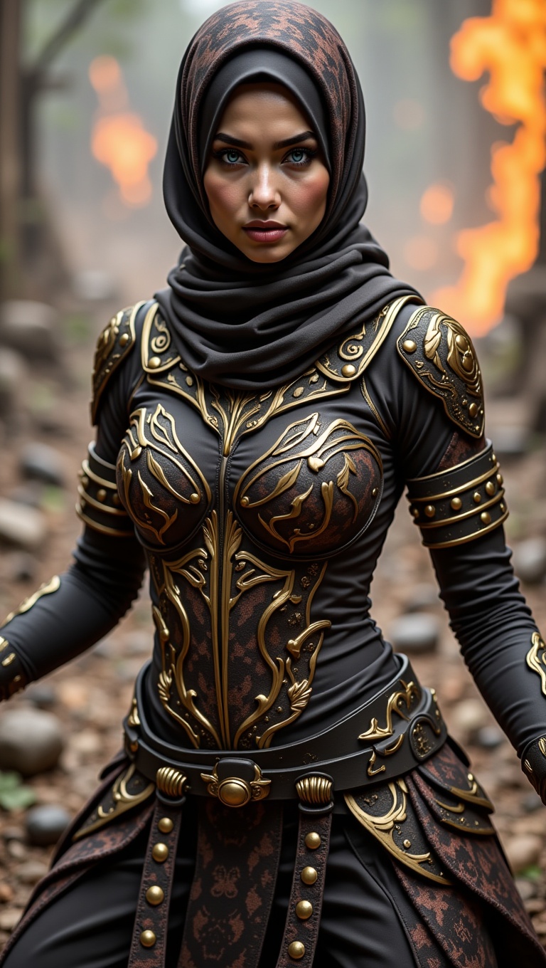 Stylish Malay hijab warrior princess in a modern hijabster aesthetic,  wearing a sleek combat-ready outfit blended with tr...