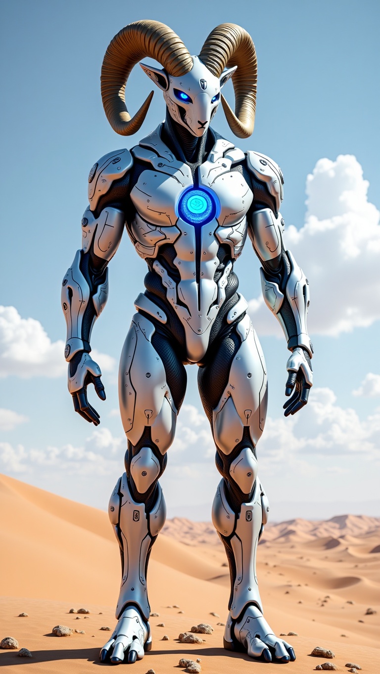 A towering humanoid warrior with the head of a majestic ram,  adorned with large,  spiraling horns and glowing blue eyes....