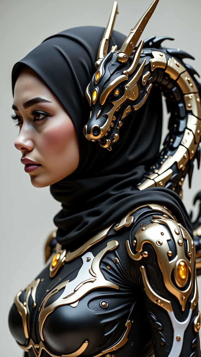 A create an ultra-high-definition,  realistic image that captures a woman with fully hijab wearing a futuristic metallic s...