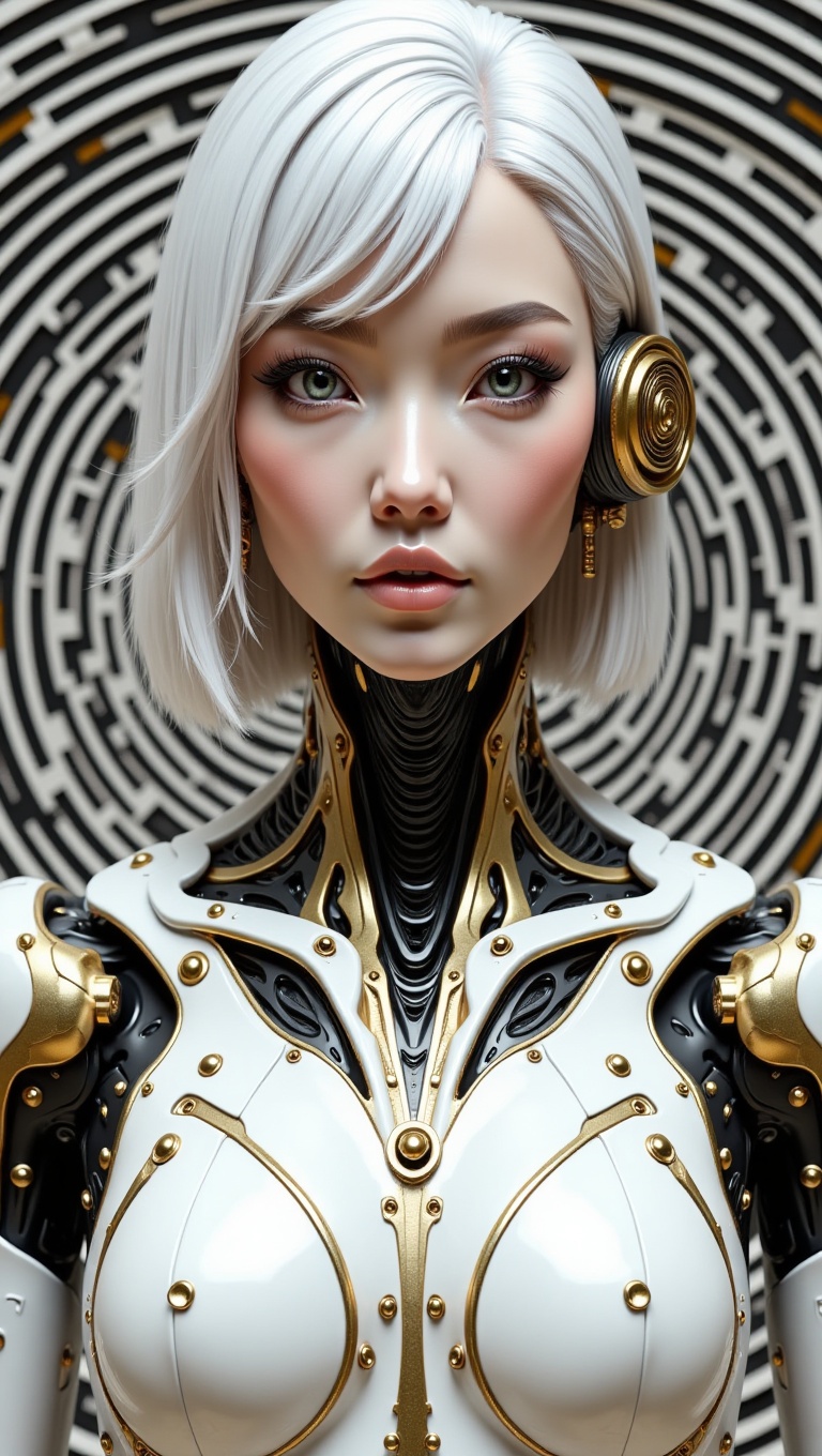 Create image of a female humanoid robot with highly detailed and realistic features. The head and shoulders are central,...