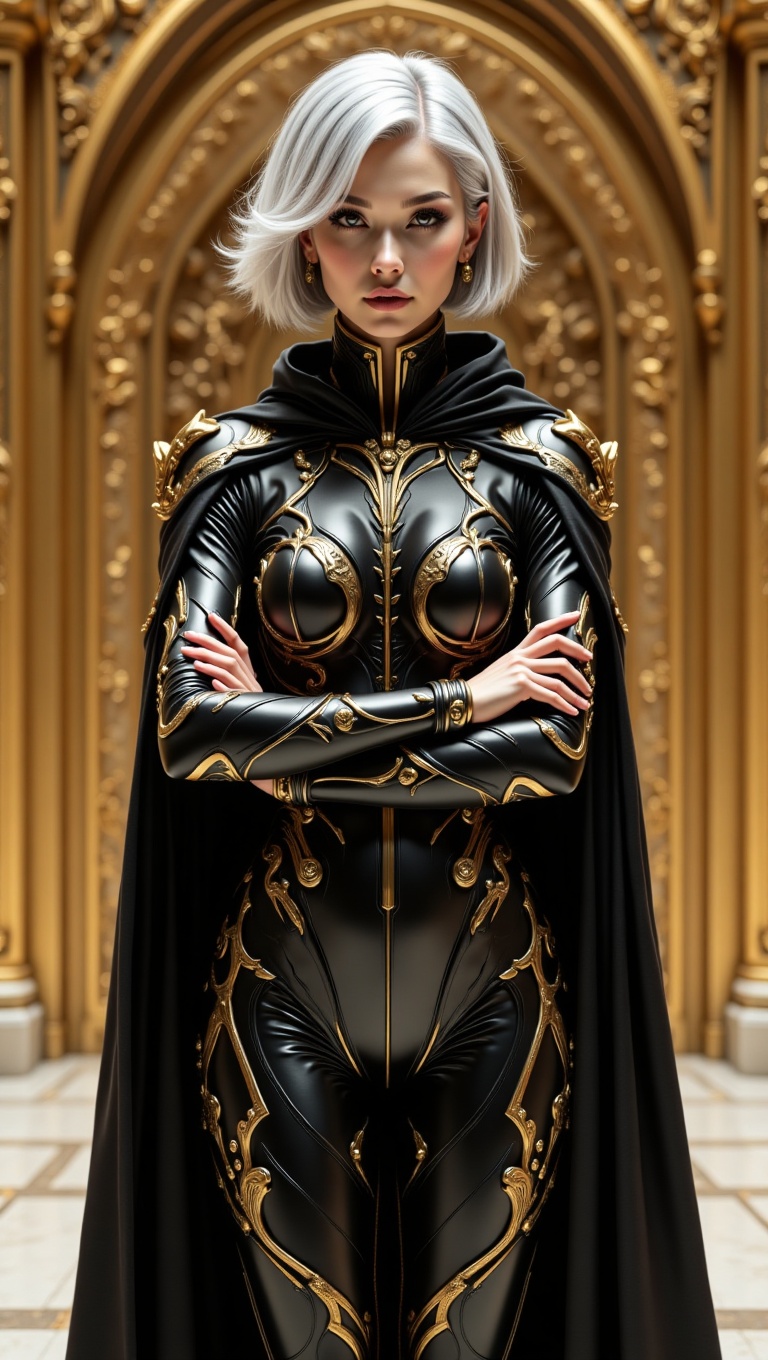 "A futuristic and elegant female figure with a striking,  otherworldly presence,  standing confidently in a minimalistic y...