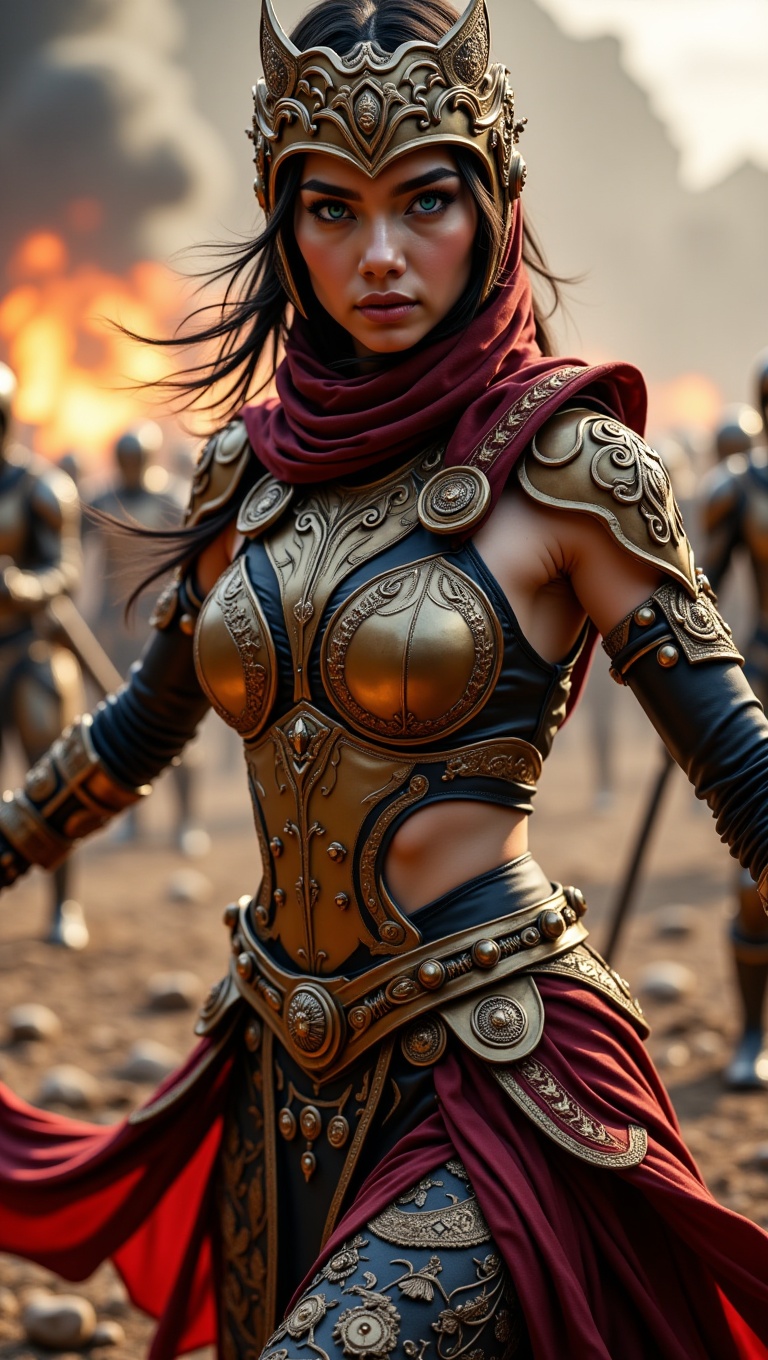 Malay warrior princess in battle,  wearing traditional armor with bronze-scaled plating and royal songket,  tengkolok head...