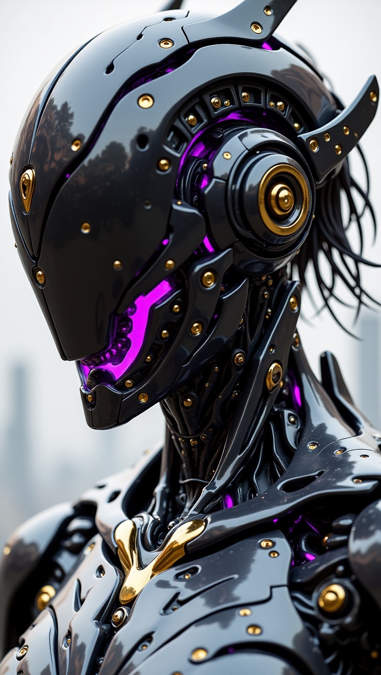 A hyperrealistic,  dynamic close-up portrait of an advanced,  sleek humanoid robot or mecha. The robot is primarily dark o...