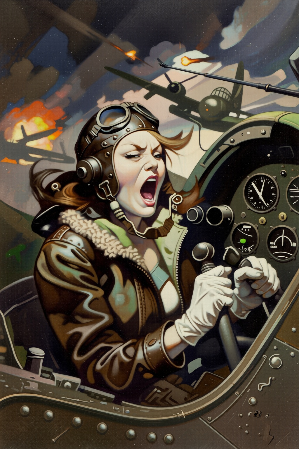 frankfrazetta2 illustration. A female pilot screaming inside the cockpit of a World War II bomber. The pilot,  wearing a v...