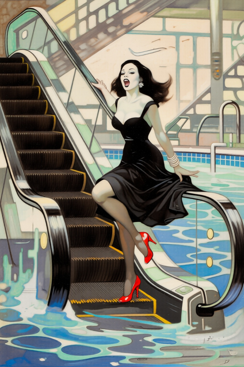 frankfrazetta2 illustration. a woman in a chic little black dress and vibrant red high heels,  gracefully descending an es...