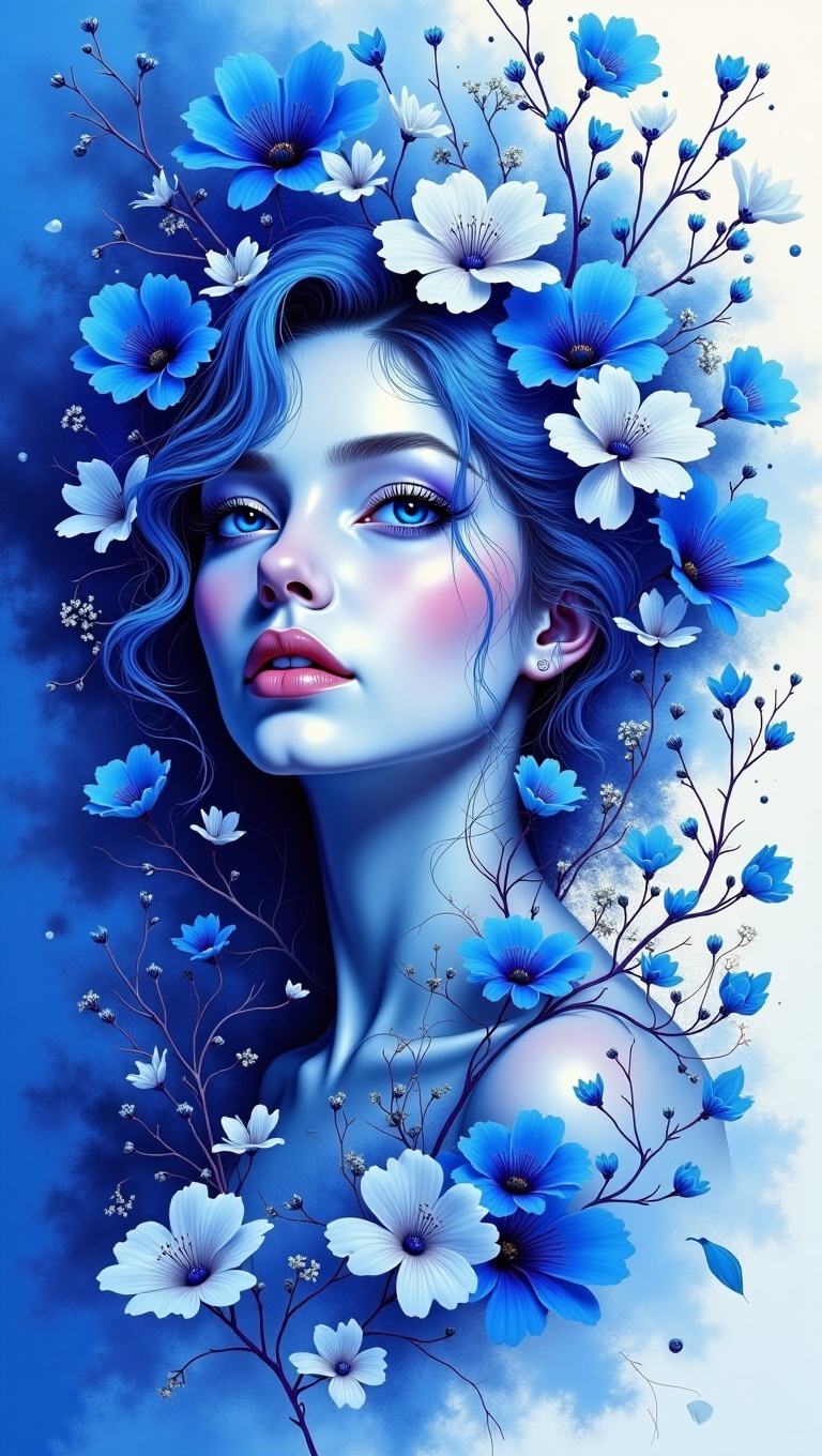 An abstract,  floral masterpiece featuring the upper body of a breathtakingly beautiful woman,  centered as the key visual...