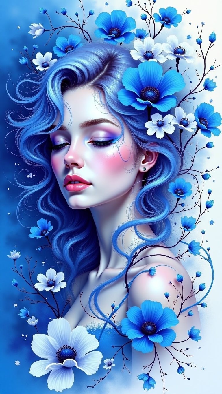An abstract,  floral masterpiece featuring the upper body of a breathtakingly beautiful woman,  centered as the key visual...