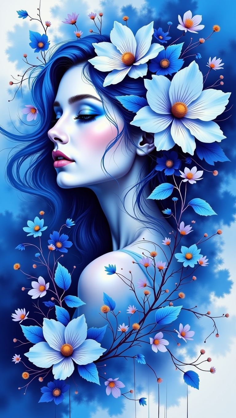 An abstract,  floral masterpiece featuring the upper body of a breathtakingly beautiful woman,  centered as the key visual...