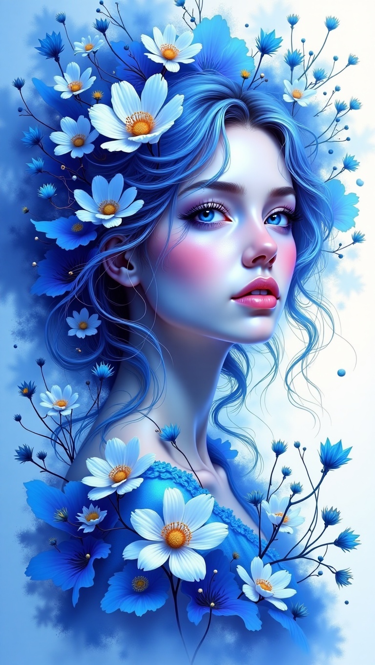 An abstract,  floral masterpiece featuring the upper body of a breathtakingly beautiful woman,  centered as the key visual...