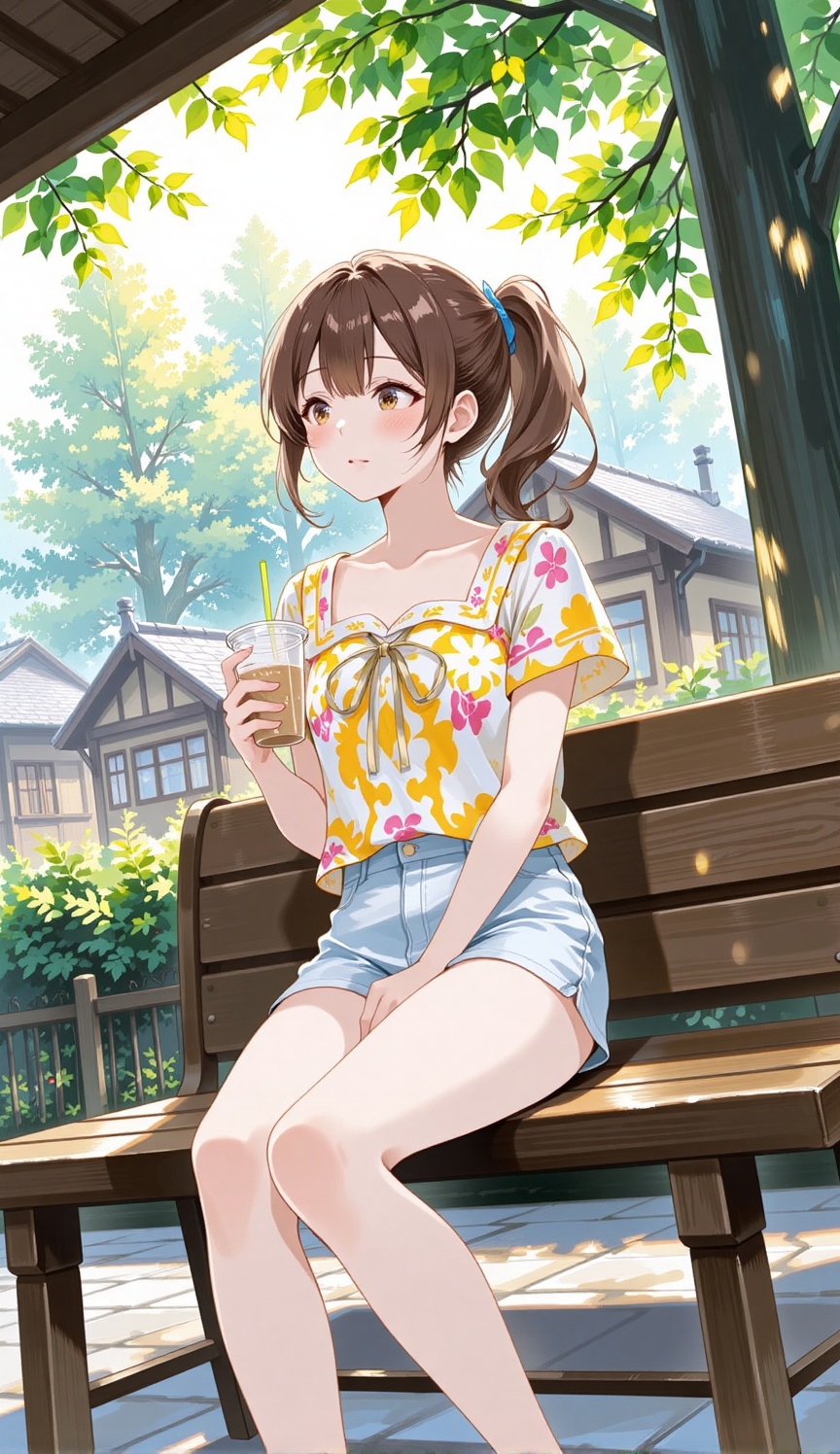A peaceful and detailed anime illustration of a young woman with brown hair tied in a loose ponytail. She is sitting on a...