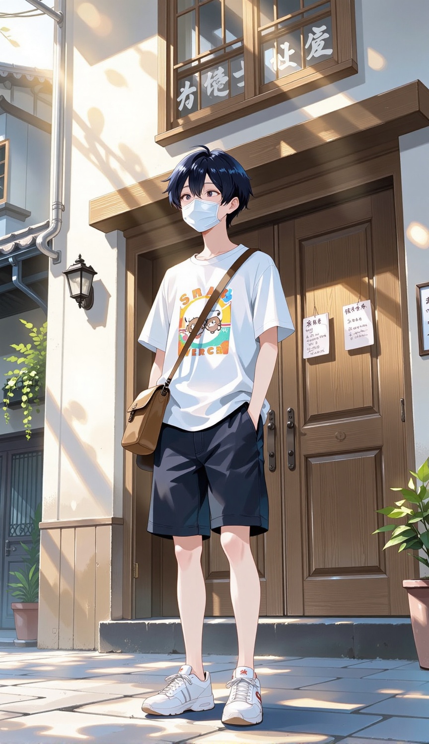 A peaceful and detailed anime illustration of a young person with dark hair and a protective face mask. They are standing...
