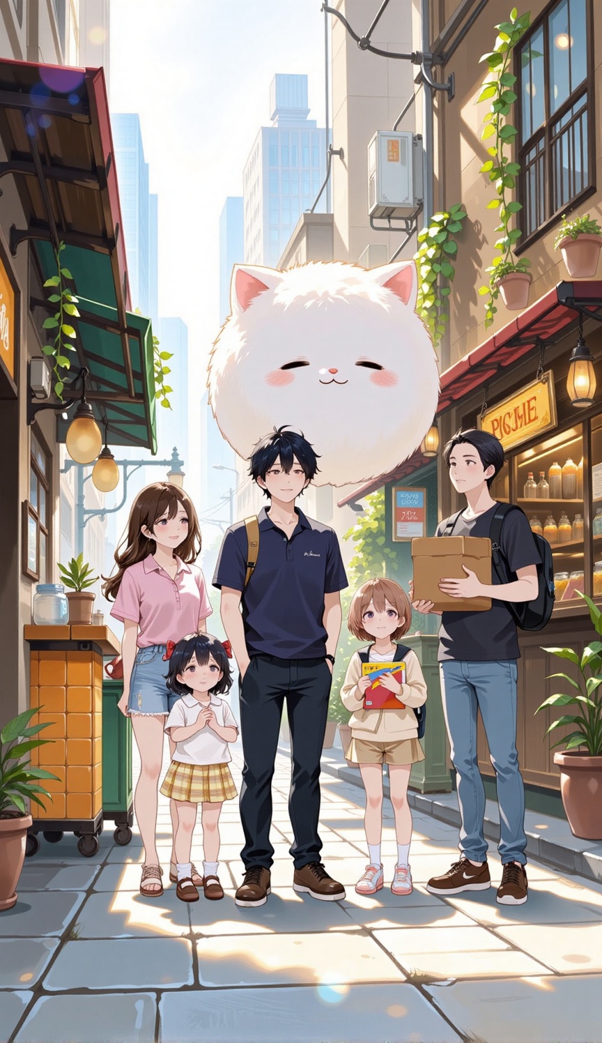 A peaceful and detailed anime illustration of a diverse group of people standing together on a city street. The group cons...