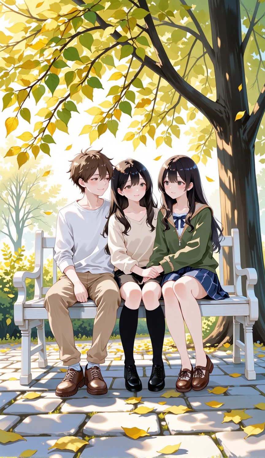 A peaceful and detailed anime illustration of three friends sitting together on a white wooden bench. A young man with bro...