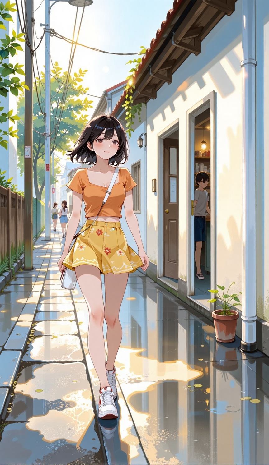 A peaceful and detailed anime illustration of a young woman with dark hair and a tan complexion,  walking on a wet sidewal...