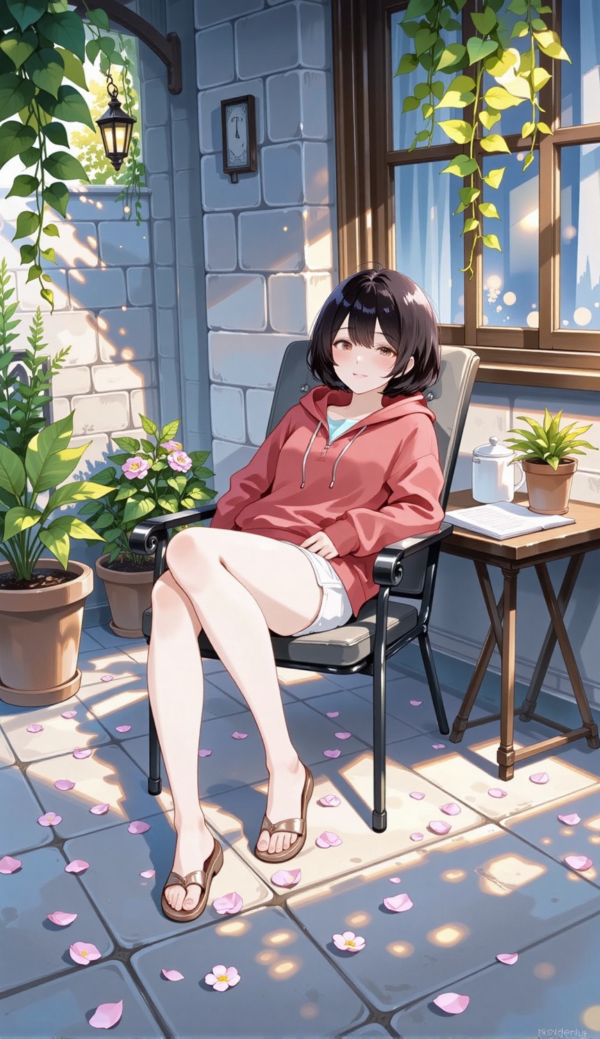 A peaceful and detailed anime illustration of a young woman with short,  dark hair. She is sitting relaxed in a chair on a...