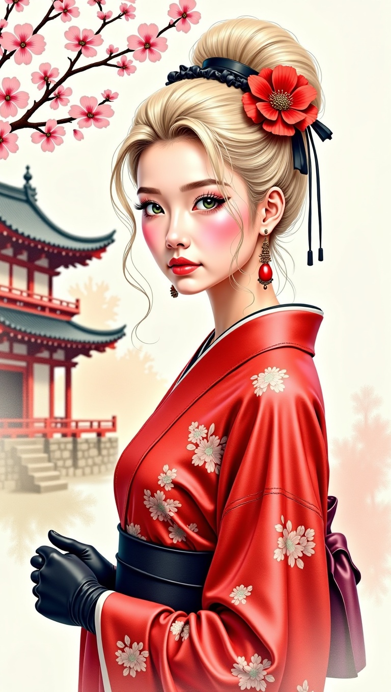 This is a highly realistic image of a young East Asian woman with platinum blonde hair styled in an intricate bun. She is...