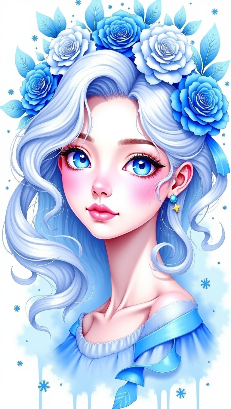 This image depicts a mesmerizing portrait of a young woman with strikingly clear,  light blue eyes that almost glow. Her c...