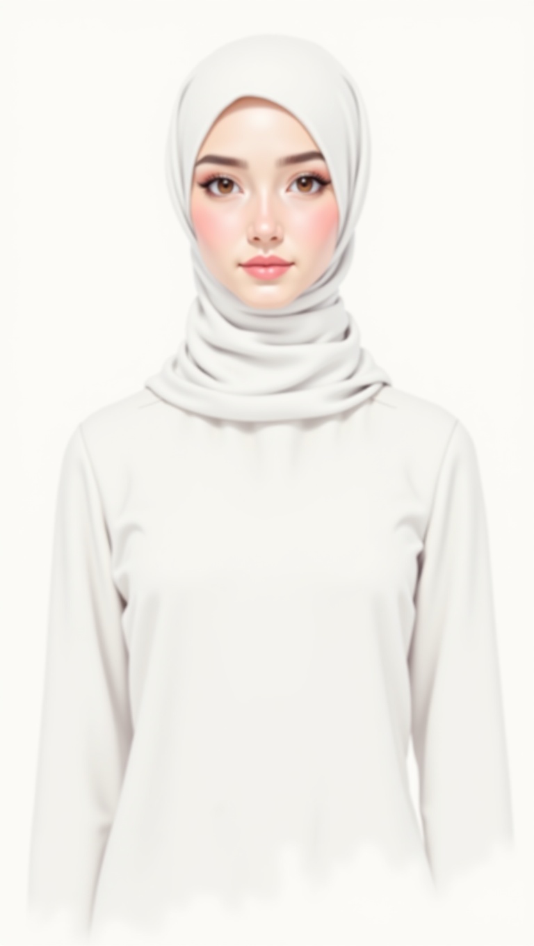 This is a serene portrait of a young woman wearing a plain white hijab and a long-sleeved white dress. The style of the im...