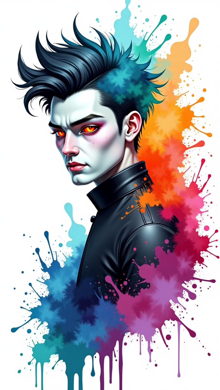 Watercolor painting of a man with spiky dark hair with teal and orange highlights,  pale skin and glowing red eyes,  dress...