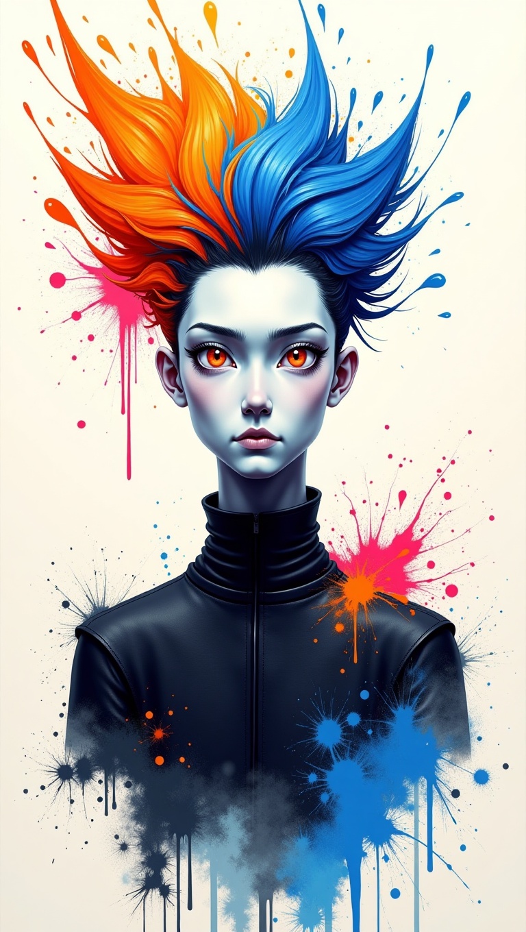 This is an image of a man with spiky,  dark hair that has streaks of bright blue and orange. His face is pale with a gray...