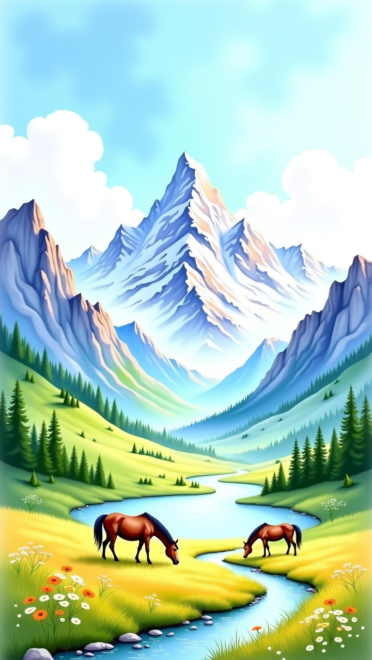 A detailed watercolor landscape of a vast mountain valley. Towering,  snow-capped peaks rise into a vibrant blue sky with...