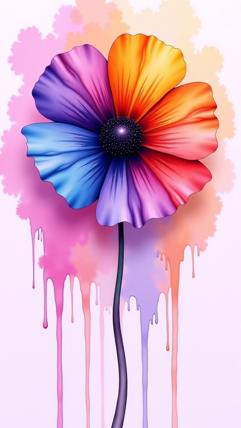 A stunning watercolor painting of a single,  vibrant flower with petals that gradient from deep blue and purple to fiery r...