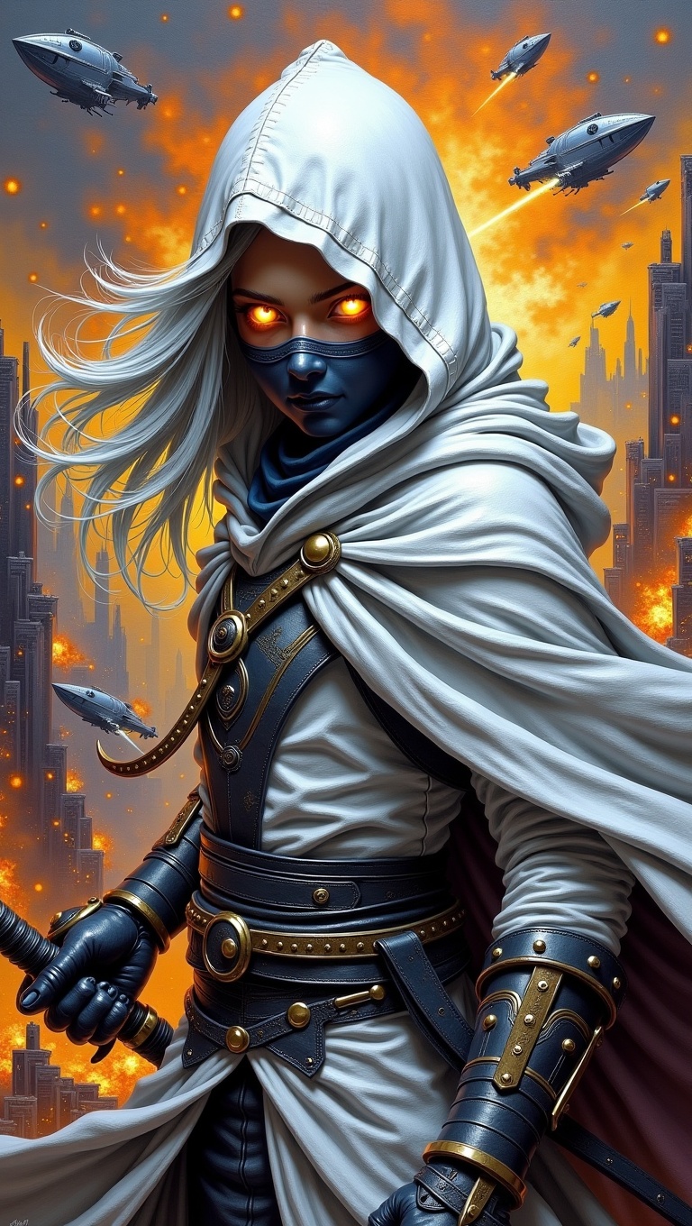 A dramatic,  hyper-detailed oil painting of a futuristic warrior. The subject is a young person with long,  flowing white...