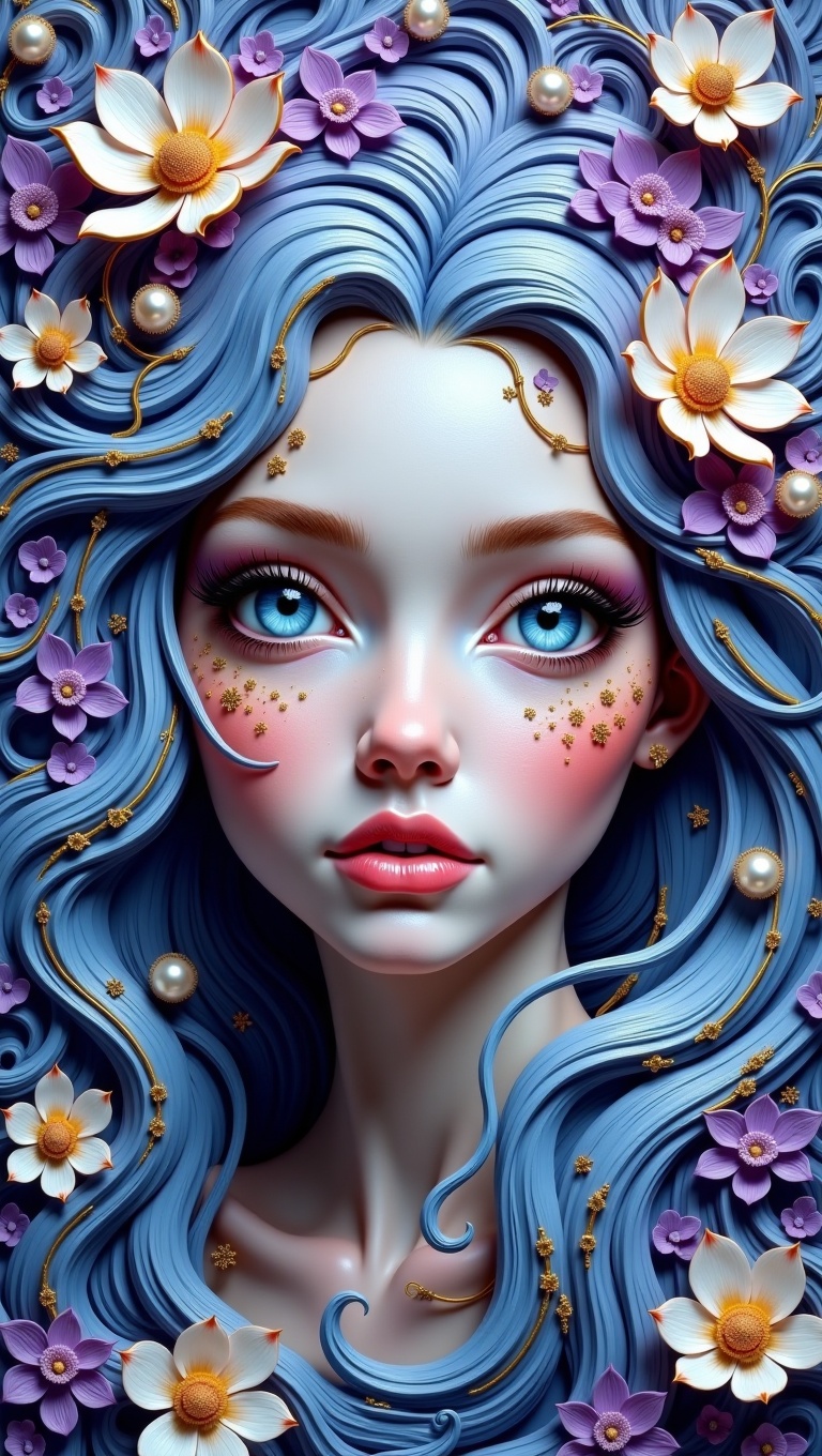 This image is a fantasy-inspired portrait of a woman,  rendered with highly textured,  almost sculptural details that give...