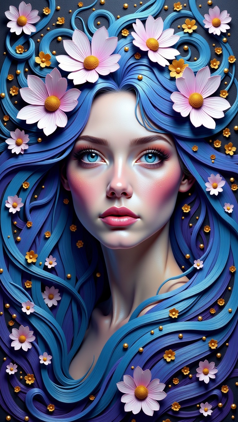 A fantastical and ethereal oil painting portrait of a woman,  executed with heavy impasto and visible brushstrokes. Her fa...
