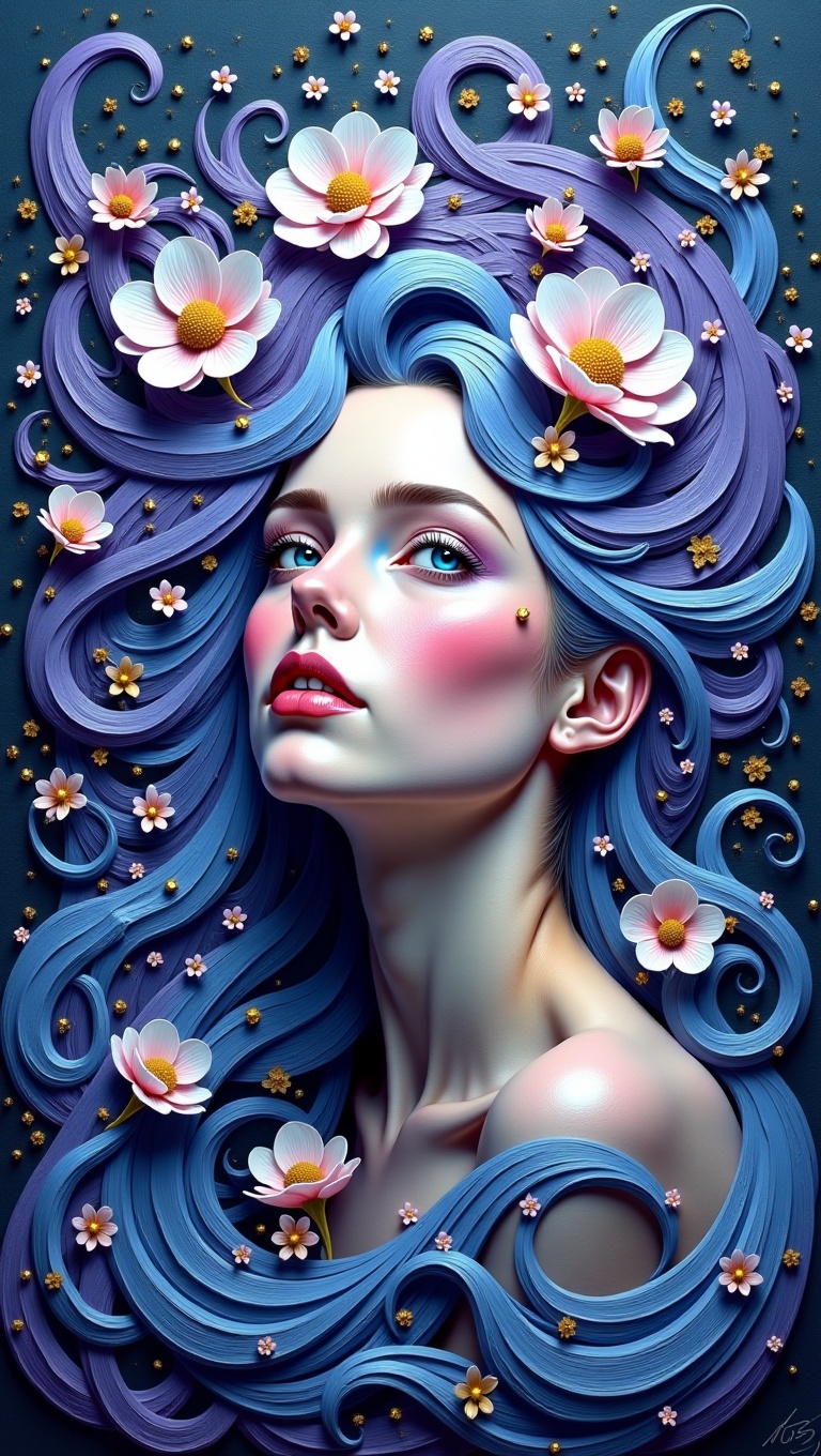 A fantastical and ethereal oil painting portrait of a woman,  executed with heavy impasto and visible brushstrokes. Her fa...