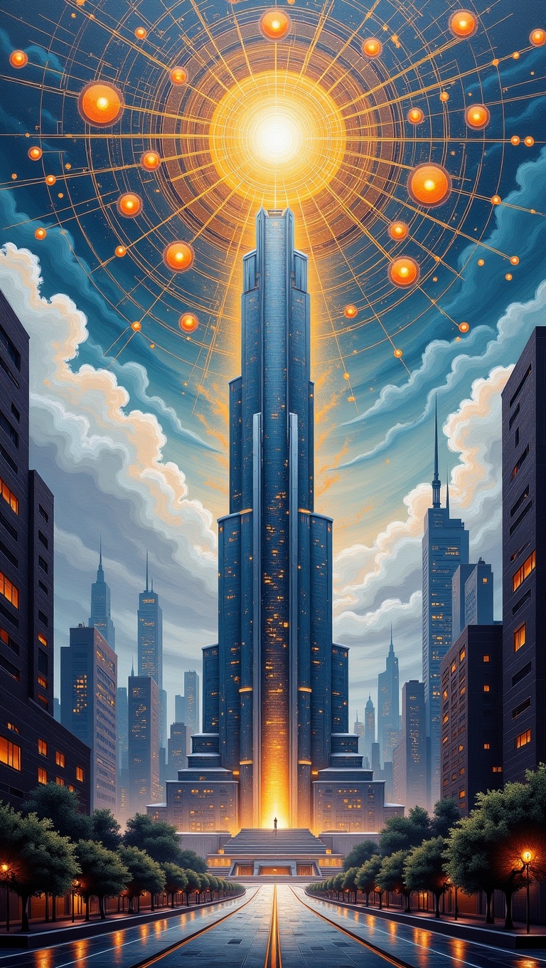 A majestic,  futuristic cityscape in the style of a detailed oil painting. The central focus is a modern,  grand architect...