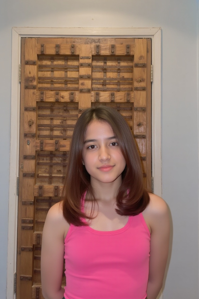 The image shows a young woman standing in front of a wooden door with a decorative panel. She is wearing a sleeveless pink...