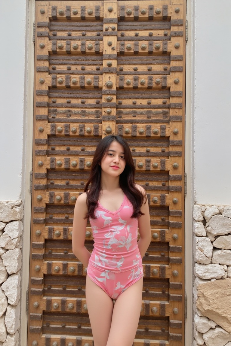 The image shows a young asian woman standing in front of a large,  ornate wooden door. The door is intricately designed wi...