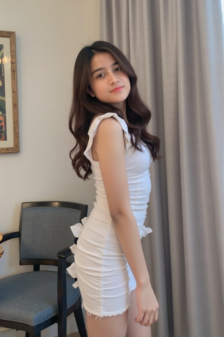 The image shows a young asian woman standing indoors,  dressed in a white,  ruched dress with layered ruffles. Her hair is...